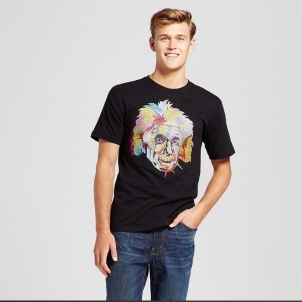 ALBERT EINSTEIN face neon thread black pixel tee-M